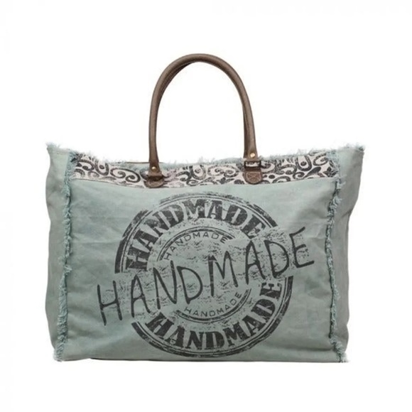 Myra-LAST 1! Handmade Stamp Print Weekender Canvas/Leather Ex-Large Tote bag-NWT - Picture 3 of 6